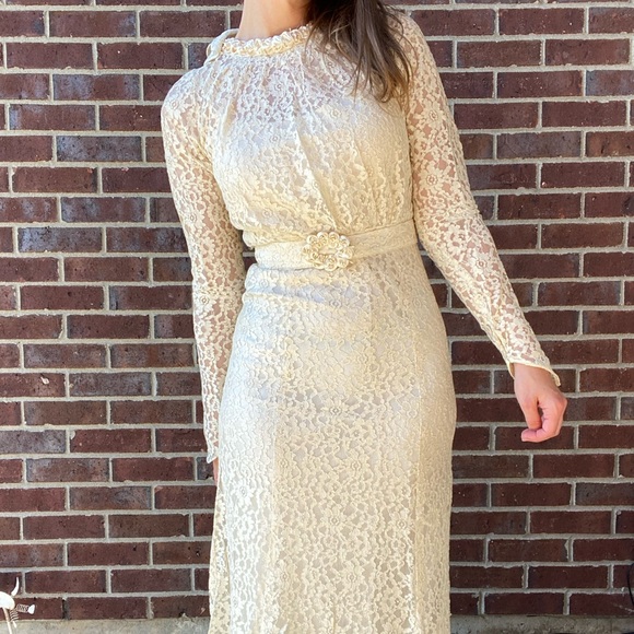 Vintage 1940s homemade lace long sleeve belted wedding dress maxi small XS - Picture 2 of 15